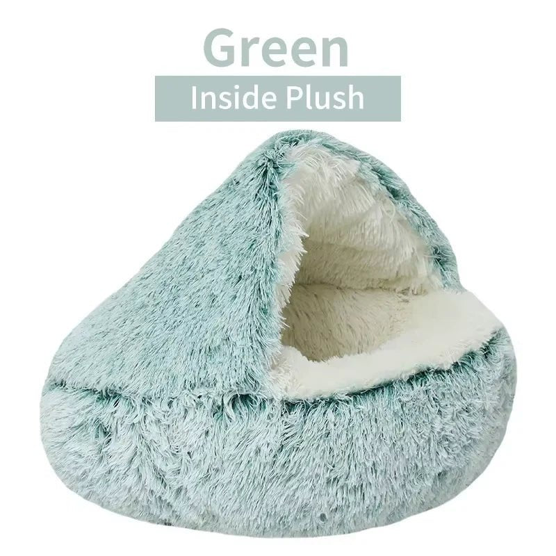 2 - in - 1 Winter Plush Cat Bed: Round cushion cat house, warm basket, and sleep bag for small dogs and cats - PAWSTHENTICS