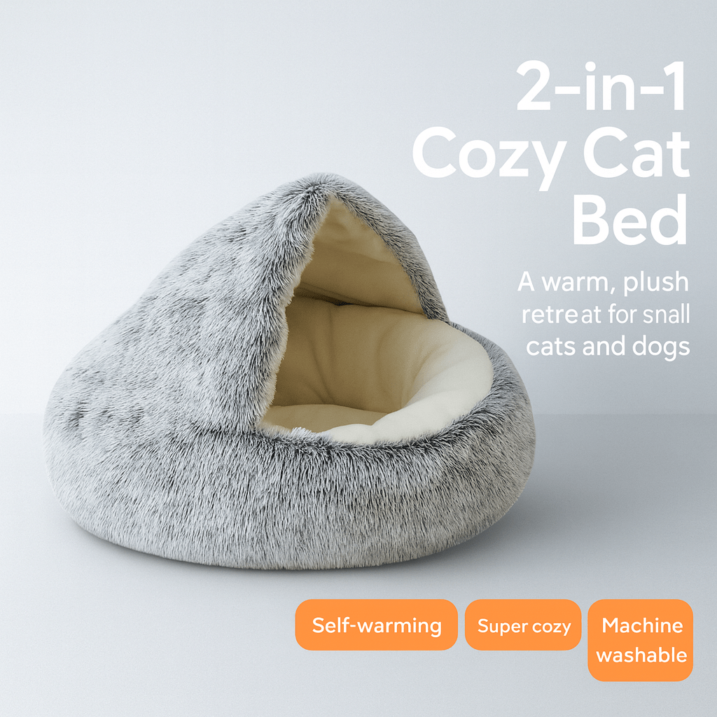 2 - in - 1 Winter Plush Cat Bed: Round cushion cat house, warm basket, and sleep bag for small dogs and cats - PAWSTHENTICS