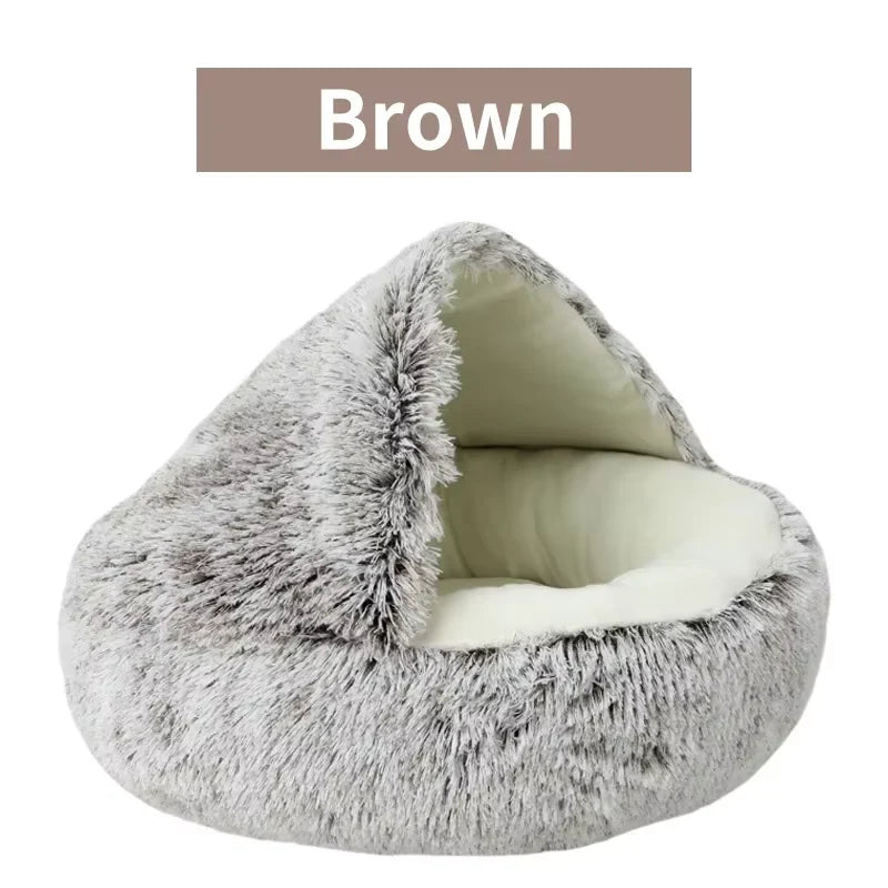 2 - in - 1 Winter Plush Cat Bed: Round cushion cat house, warm basket, and sleep bag for small dogs and cats - PAWSTHENTICS