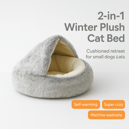 2 - in - 1 Winter Plush Cat Bed: Round cushion cat house, warm basket, and sleep bag for small dogs and cats - PAWSTHENTICS