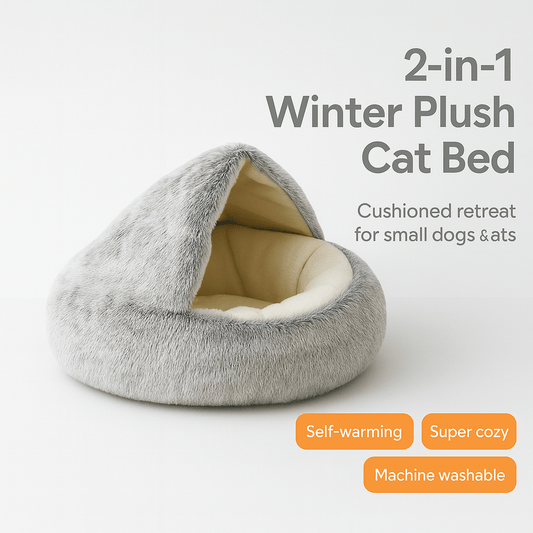 2 - in - 1 Winter Plush Cat Bed: Round cushion cat house, warm basket, and sleep bag for small dogs and cats - PAWSTHENTICS