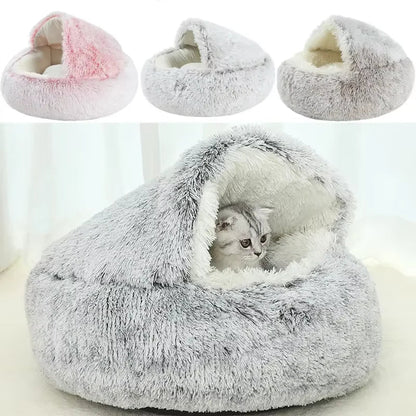2 - in - 1 Winter Plush Cat Bed: Round cushion cat house, warm basket, and sleep bag for small dogs and cats - PAWSTHENTICS