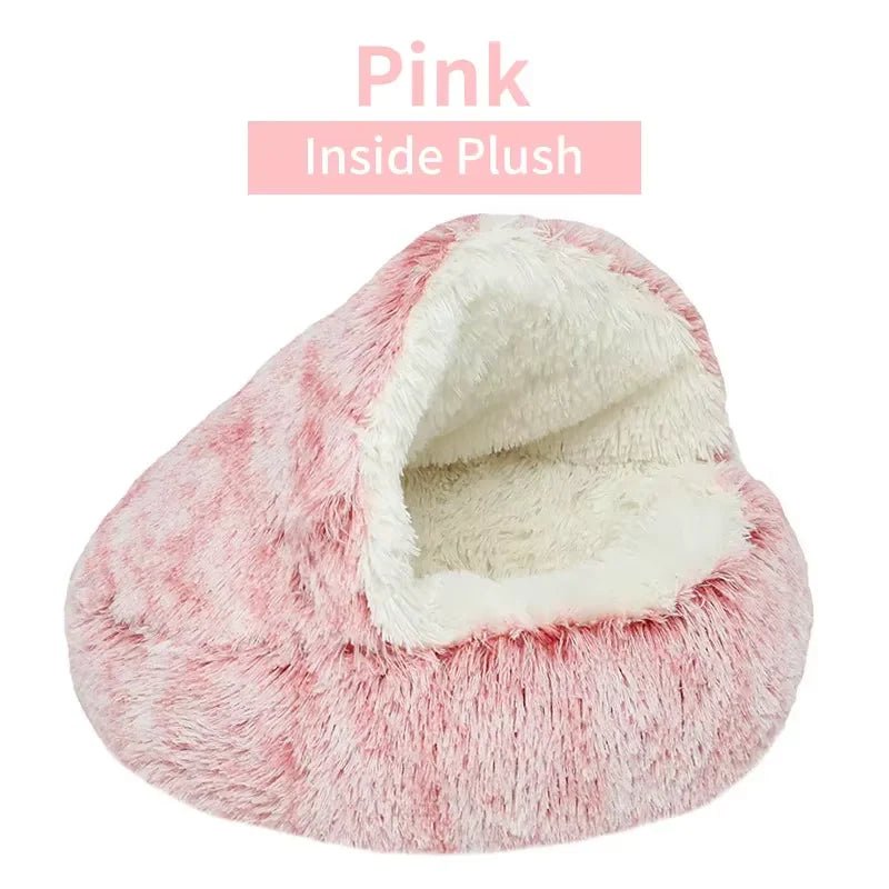 2 - in - 1 Winter Plush Cat Bed: Round cushion cat house, warm basket, and sleep bag for small dogs and cats - PAWSTHENTICS
