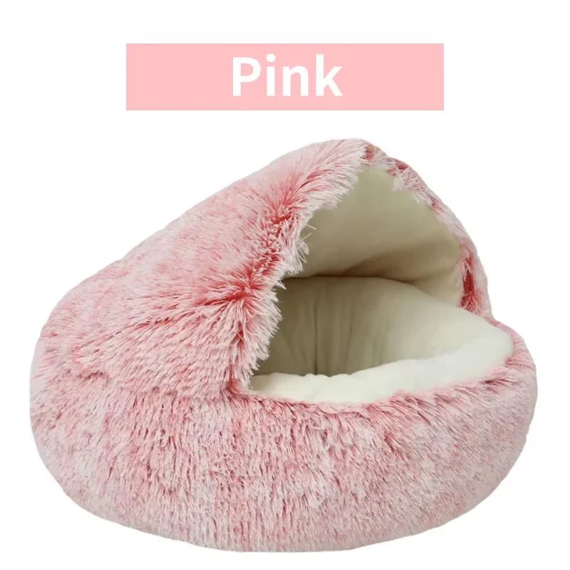 2 - in - 1 Winter Plush Cat Bed: Round cushion cat house, warm basket, and sleep bag for small dogs and cats - PAWSTHENTICS
