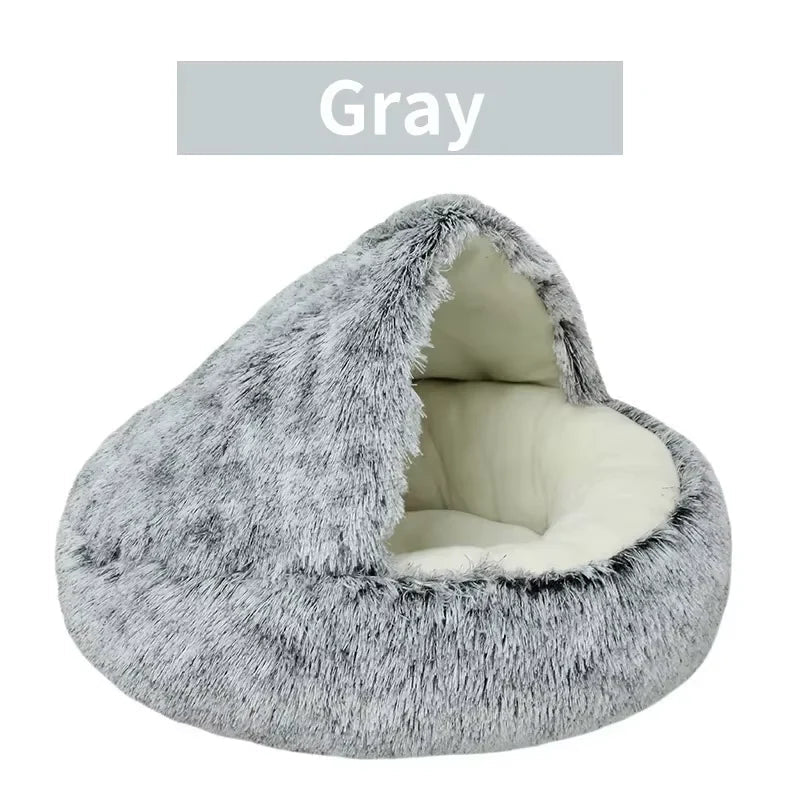 2 - in - 1 Winter Plush Cat Bed: Round cushion cat house, warm basket, and sleep bag for small dogs and cats - PAWSTHENTICS