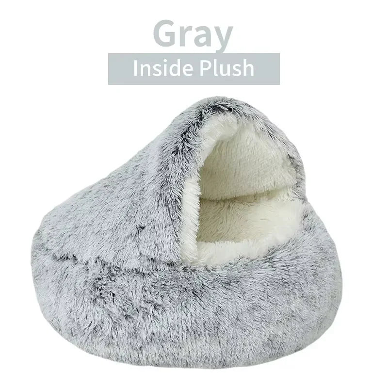 2 - in - 1 Winter Plush Cat Bed: Round cushion cat house, warm basket, and sleep bag for small dogs and cats - PAWSTHENTICS