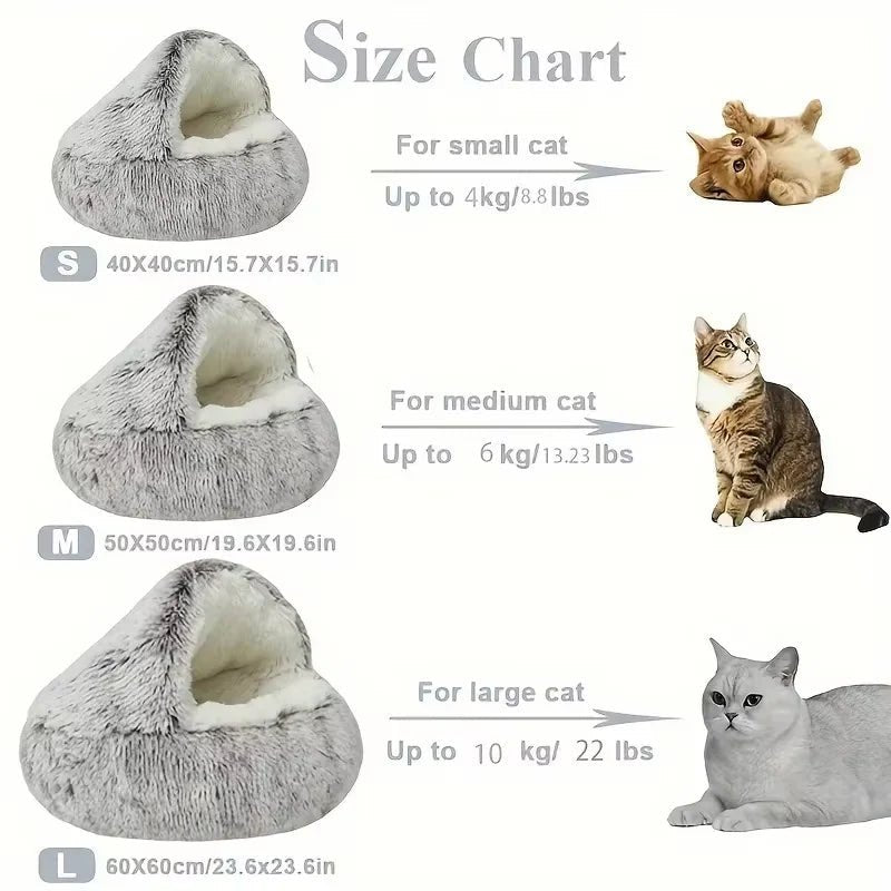 2 - in - 1 Winter Plush Cat Bed: Round cushion cat house, warm basket, and sleep bag for small dogs and cats - PAWSTHENTICS