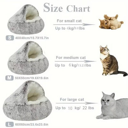 2 - in - 1 Winter Plush Cat Bed: Round cushion cat house, warm basket, and sleep bag for small dogs and cats - PAWSTHENTICS