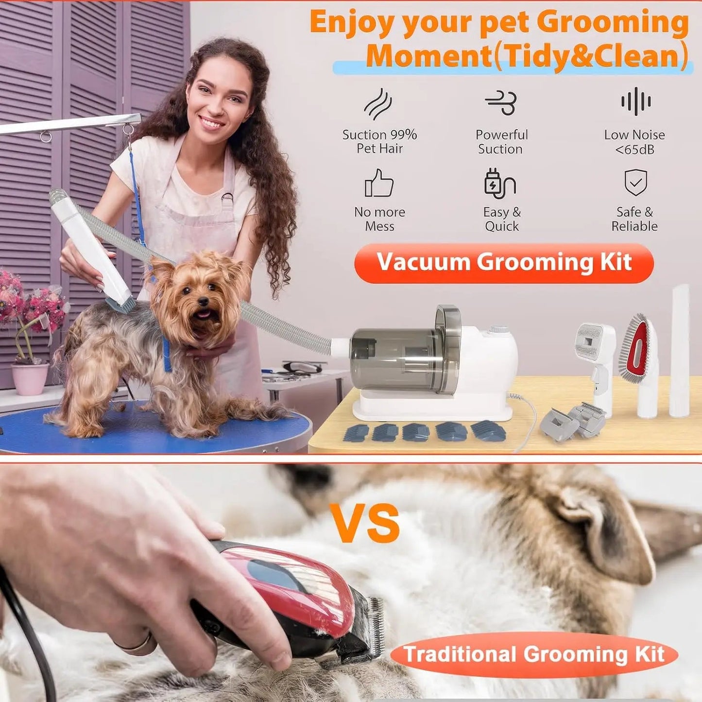 Dog Grooming Vacuum Kit 6 in 1 for Shedding Pet Hair Removal 2.5L Capacity with Hair Clipper Combs for Dogs Cats Home Cleaning - PAWSTHENTICS