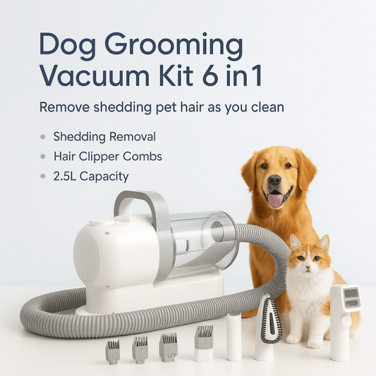 Dog Grooming Vacuum Kit 6 in 1 for Shedding Pet Hair Removal 2.5L Capacity with Hair Clipper Combs for Dogs Cats Home Cleaning - PAWSTHENTICS