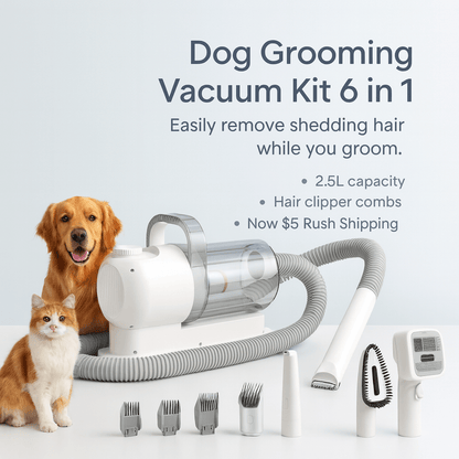 Dog Grooming Vacuum Kit 6 in 1 for Shedding Pet Hair Removal 2.5L Capacity with Hair Clipper Combs for Dogs Cats Home Cleaning - PAWSTHENTICS