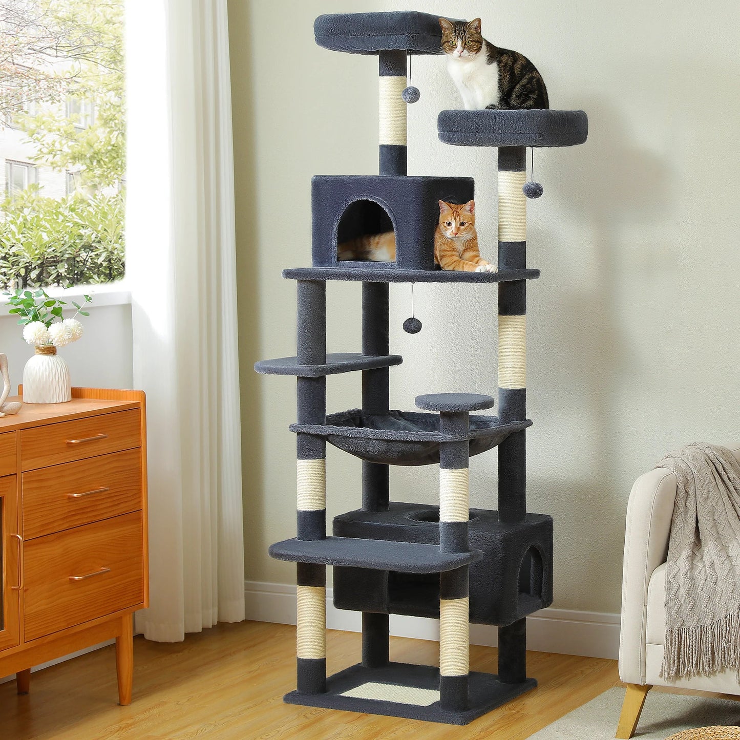 Large Cat Tree and Tower for Indoor Cats With Sisal - Covered Scratching Posts Spacious Hammock Padded Perches and Condos Cat Toys - PAWSTHENTICS