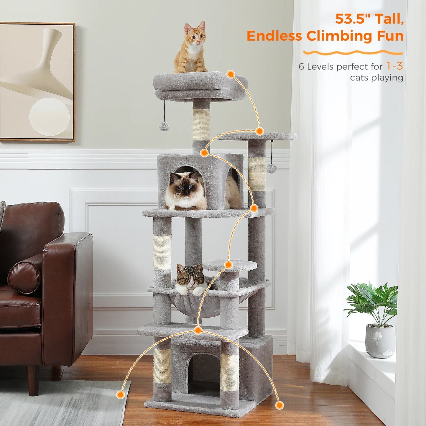 Large Cat Tree and Tower for Indoor Cats With Sisal - Covered Scratching Posts Spacious Hammock Padded Perches and Condos Cat Toys - PAWSTHENTICS