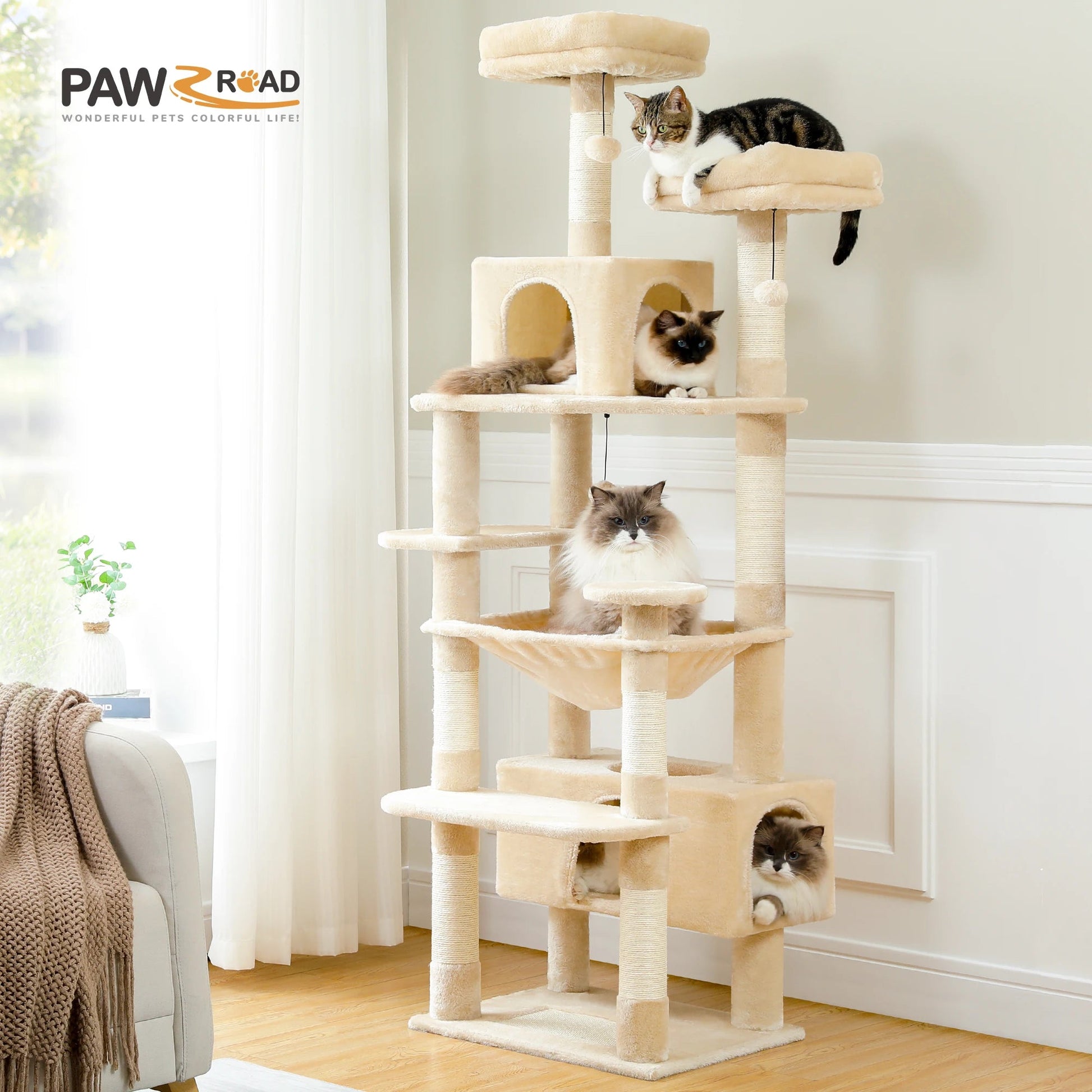 Large Cat Tree and Tower for Indoor Cats With Sisal - Covered Scratching Posts Spacious Hammock Padded Perches and Condos Cat Toys - PAWSTHENTICS