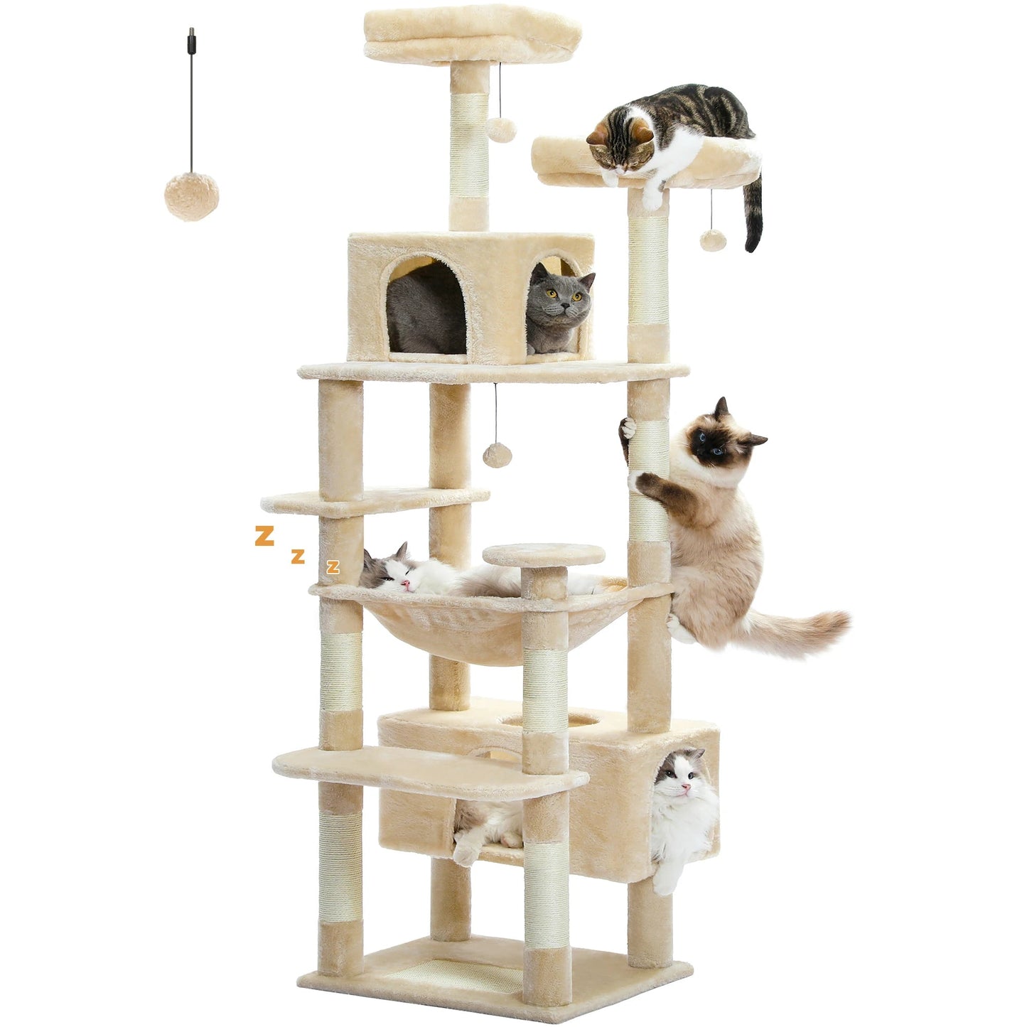 Large Cat Tree and Tower for Indoor Cats With Sisal - Covered Scratching Posts Spacious Hammock Padded Perches and Condos Cat Toys - PAWSTHENTICS