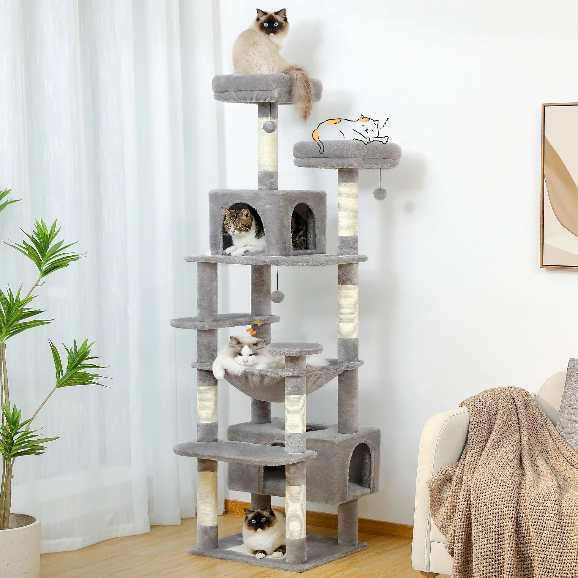 Large Cat Tree and Tower for Indoor Cats With Sisal - Covered Scratching Posts Spacious Hammock Padded Perches and Condos Cat Toys - PAWSTHENTICS
