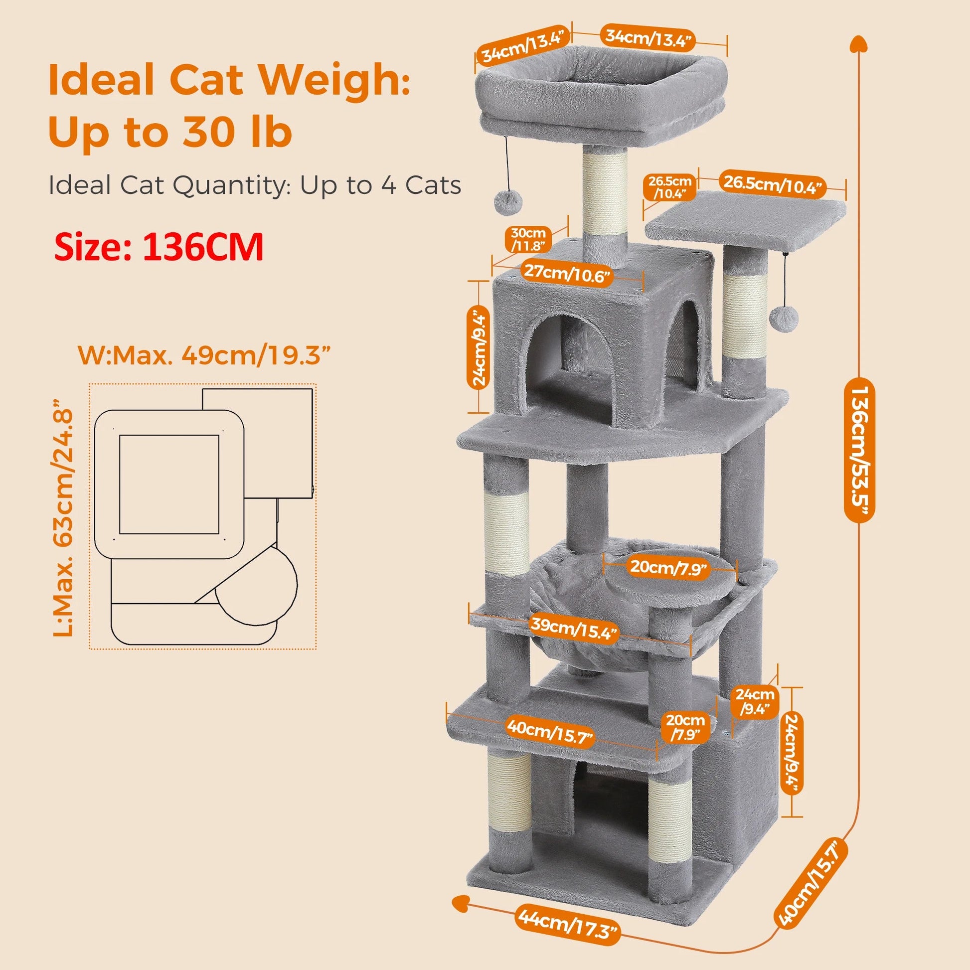 Large Cat Tree and Tower for Indoor Cats With Sisal - Covered Scratching Posts Spacious Hammock Padded Perches and Condos Cat Toys - PAWSTHENTICS