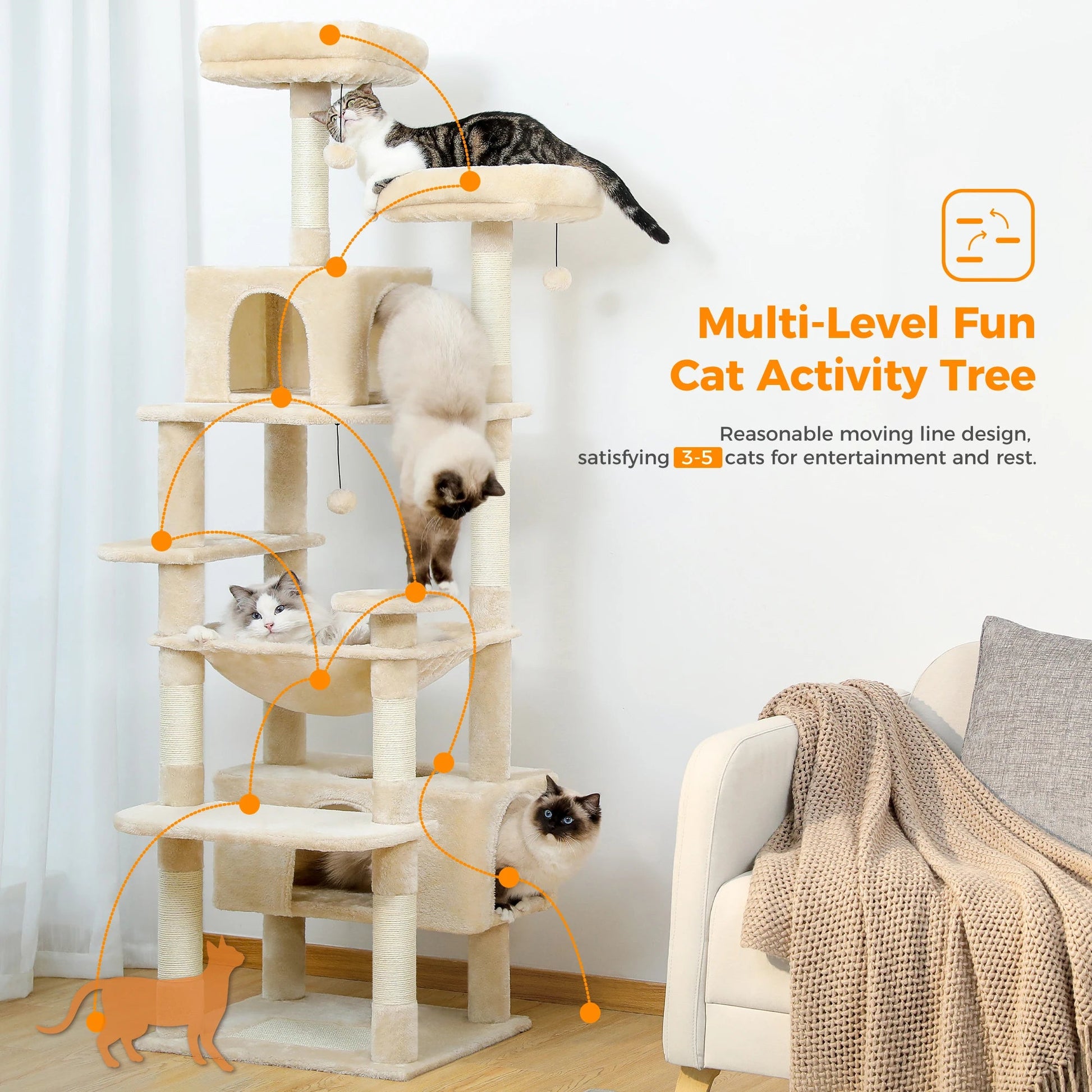 Large Cat Tree and Tower for Indoor Cats With Sisal - Covered Scratching Posts Spacious Hammock Padded Perches and Condos Cat Toys - PAWSTHENTICS