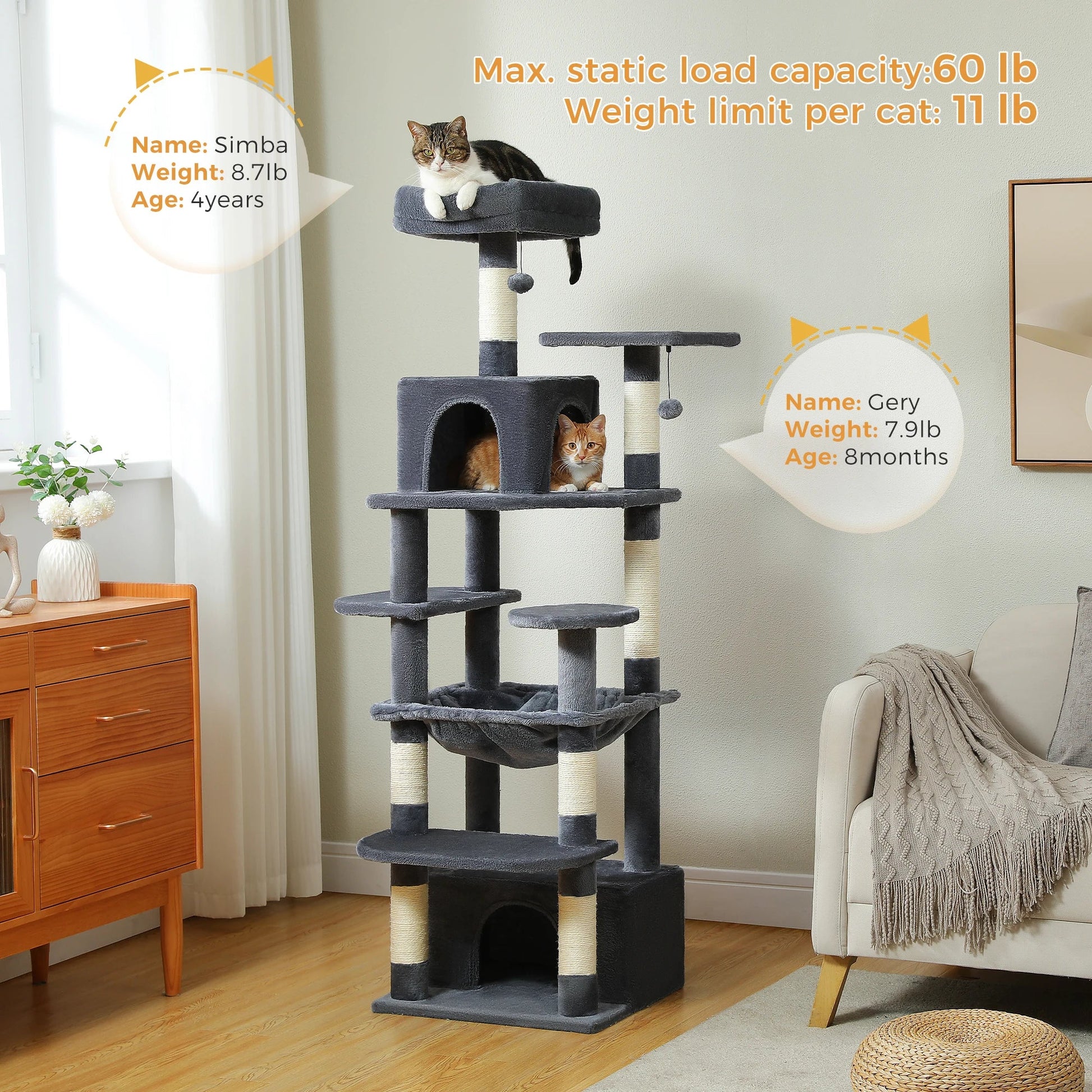 Large Cat Tree and Tower for Indoor Cats With Sisal - Covered Scratching Posts Spacious Hammock Padded Perches and Condos Cat Toys - PAWSTHENTICS