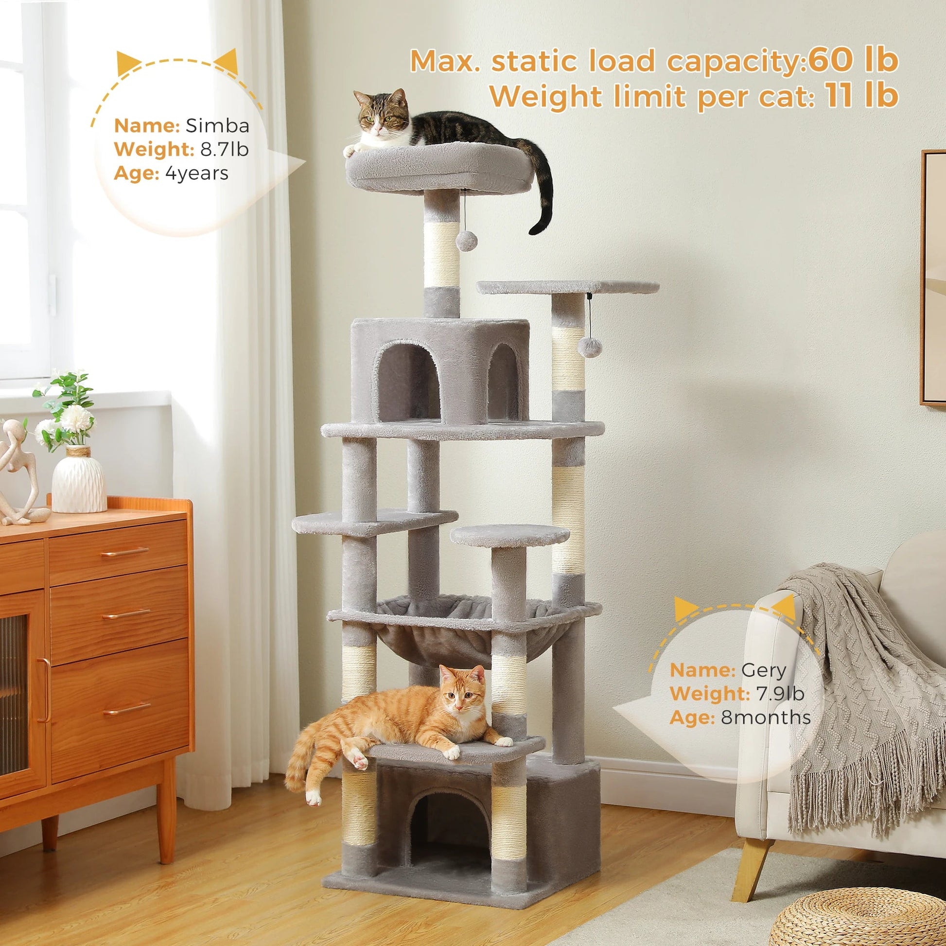 Large Cat Tree and Tower for Indoor Cats With Sisal - Covered Scratching Posts Spacious Hammock Padded Perches and Condos Cat Toys - PAWSTHENTICS