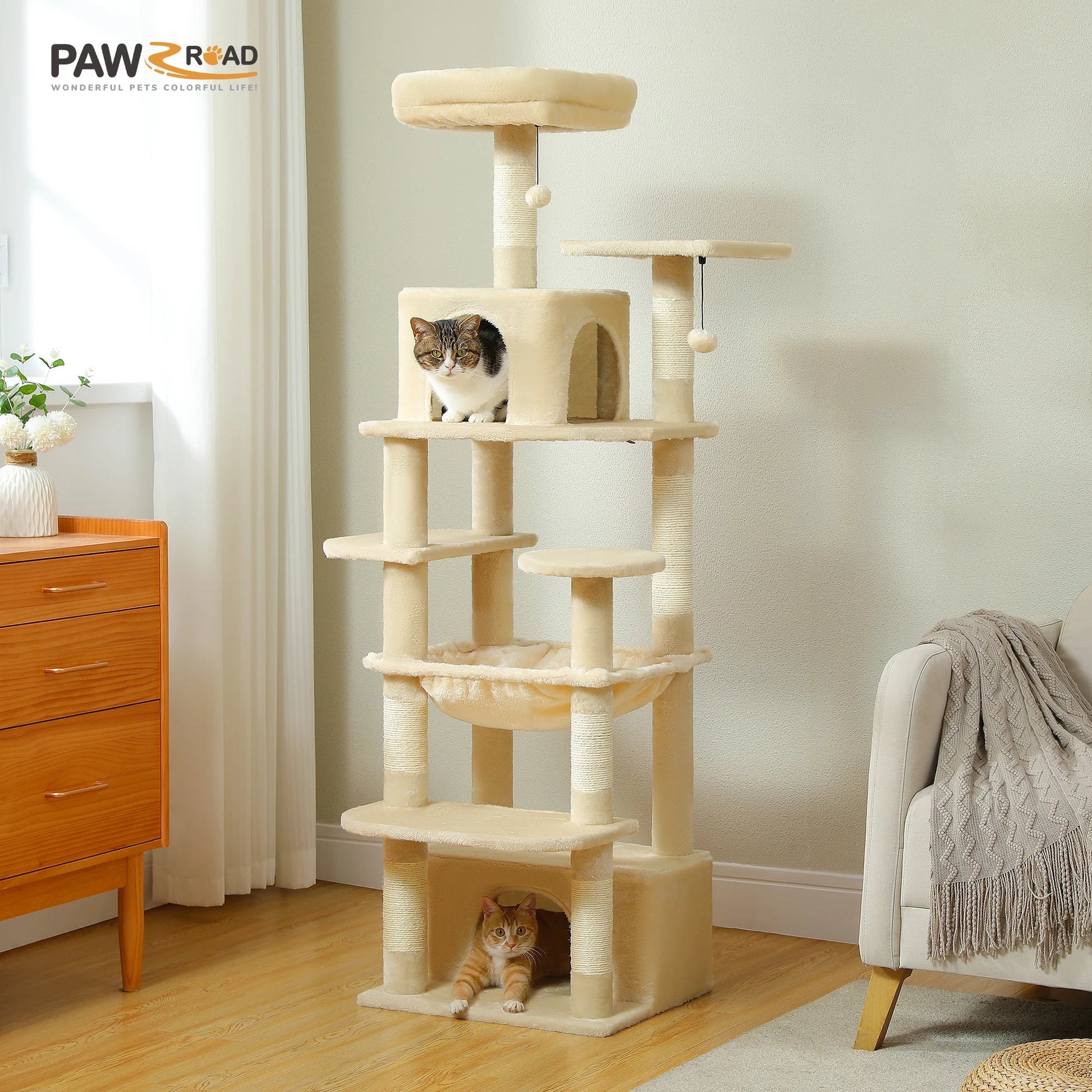 Large Cat Tree and Tower for Indoor Cats With Sisal - Covered Scratching Posts Spacious Hammock Padded Perches and Condos Cat Toys - PAWSTHENTICS