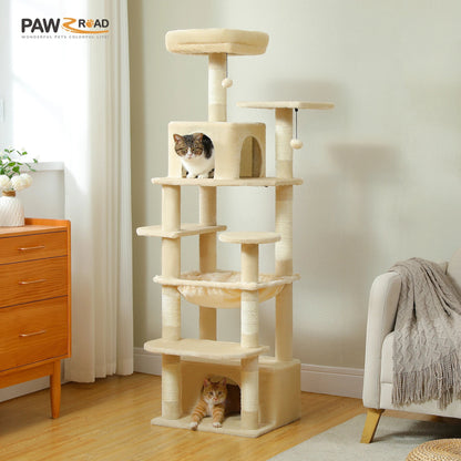 Large Cat Tree and Tower for Indoor Cats With Sisal - Covered Scratching Posts Spacious Hammock Padded Perches and Condos Cat Toys - PAWSTHENTICS