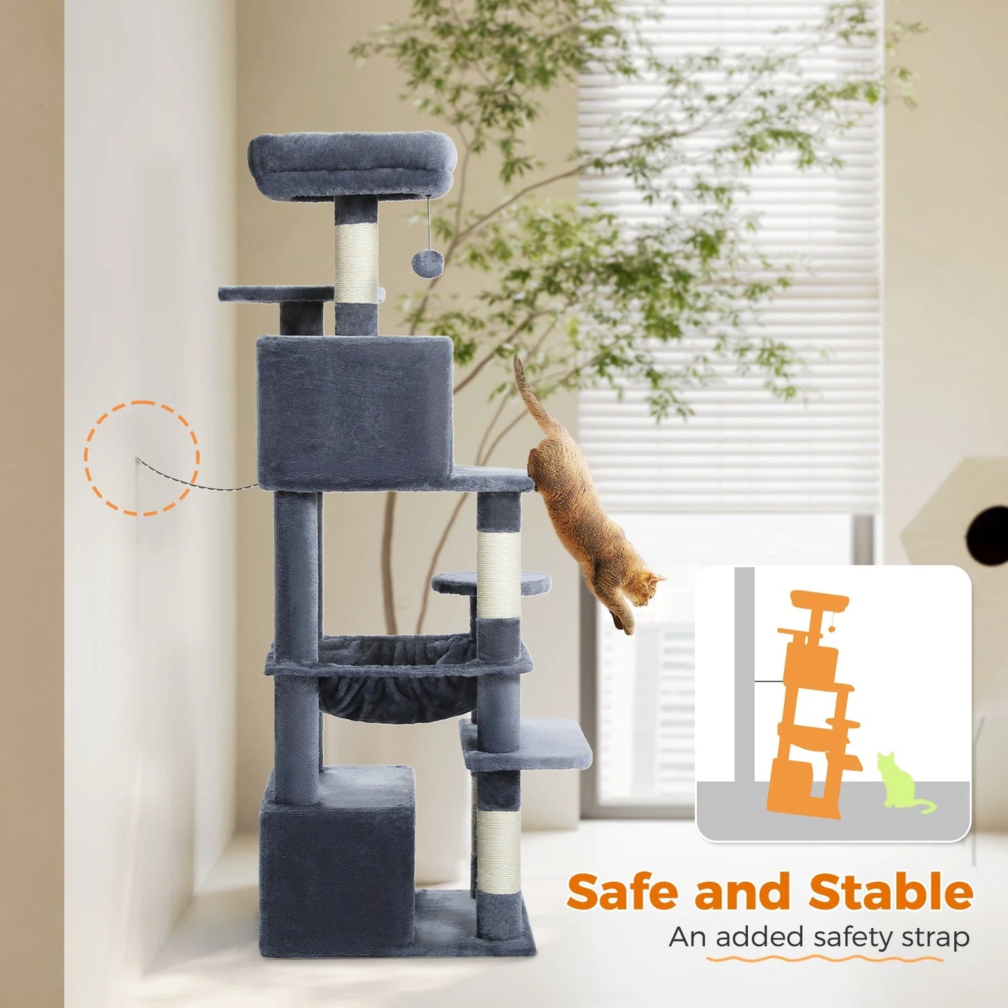 Large Cat Tree and Tower for Indoor Cats With Sisal - Covered Scratching Posts Spacious Hammock Padded Perches and Condos Cat Toys - PAWSTHENTICS