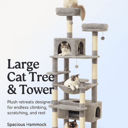 Large Cat Tree and Tower for Indoor Cats With Sisal - Covered Scratching Posts Spacious Hammock Padded Perches and Condos Cat Toys - PAWSTHENTICS