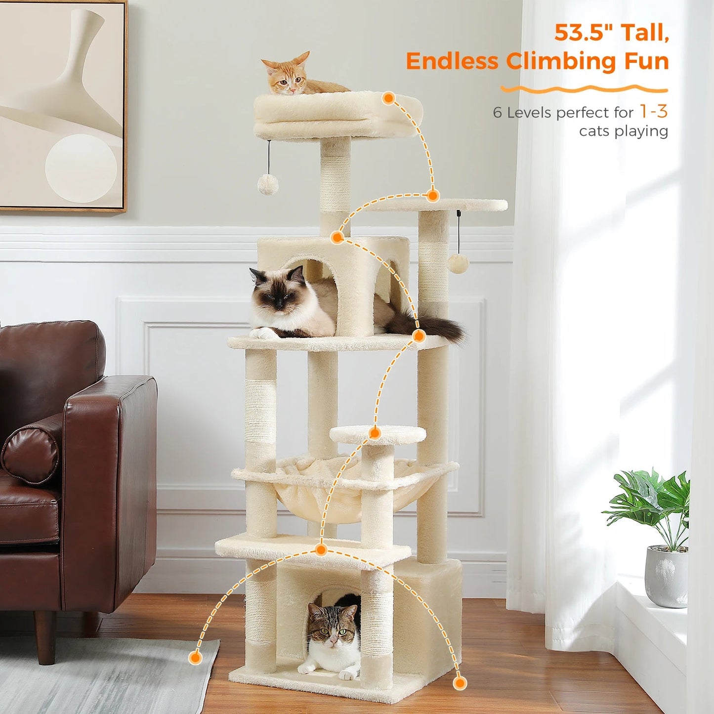 Large Cat Tree and Tower for Indoor Cats With Sisal - Covered Scratching Posts Spacious Hammock Padded Perches and Condos Cat Toys - PAWSTHENTICS