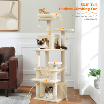Large Cat Tree and Tower for Indoor Cats With Sisal - Covered Scratching Posts Spacious Hammock Padded Perches and Condos Cat Toys - PAWSTHENTICS