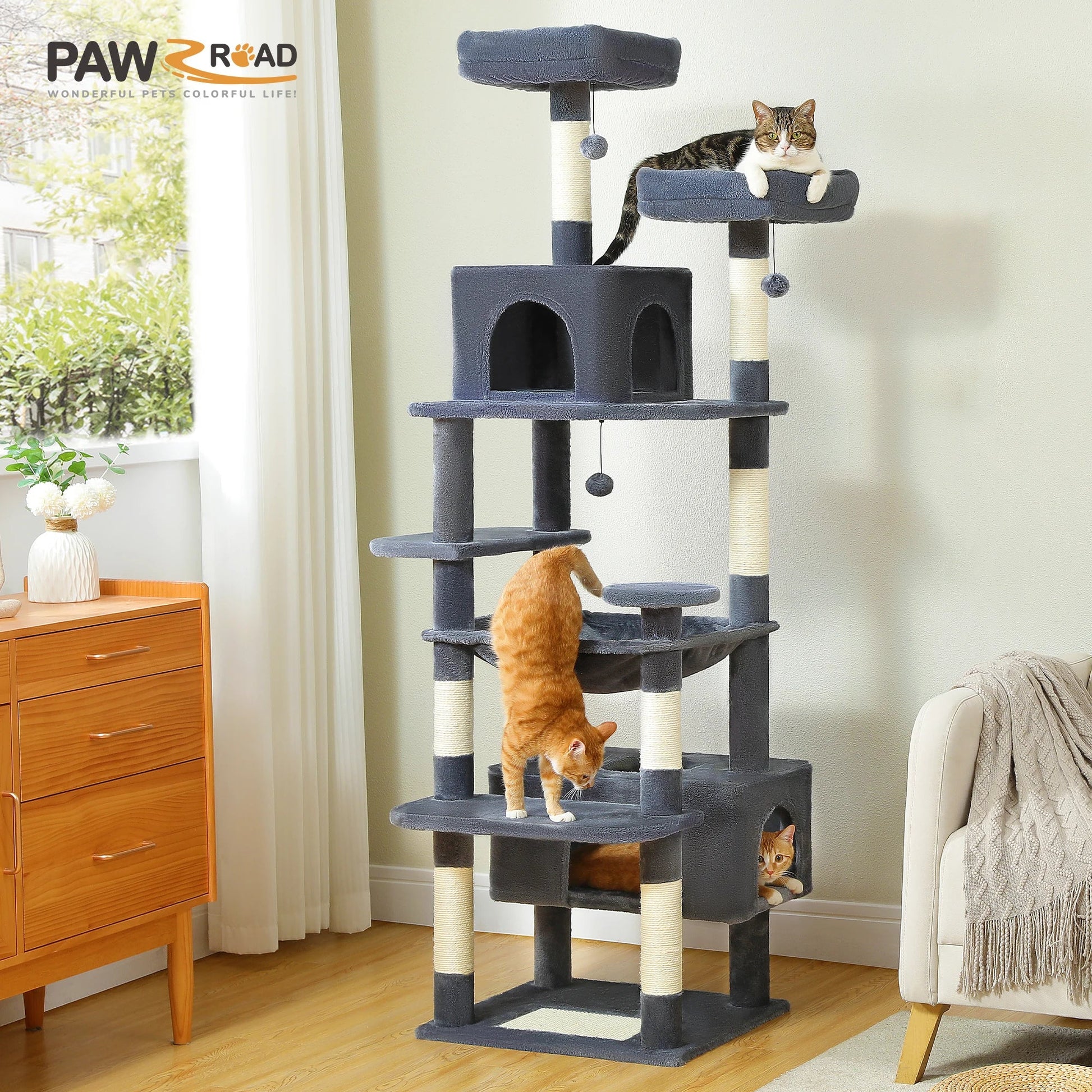 Large Cat Tree and Tower for Indoor Cats With Sisal - Covered Scratching Posts Spacious Hammock Padded Perches and Condos Cat Toys - PAWSTHENTICS