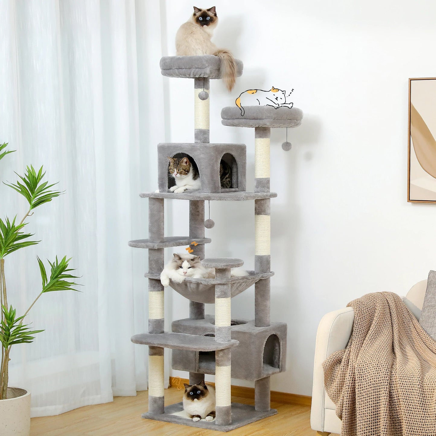 Large Cat Tree and Tower for Indoor Cats With Sisal - Covered Scratching Posts Spacious Hammock Padded Perches and Condos Cat Toys - PAWSTHENTICS