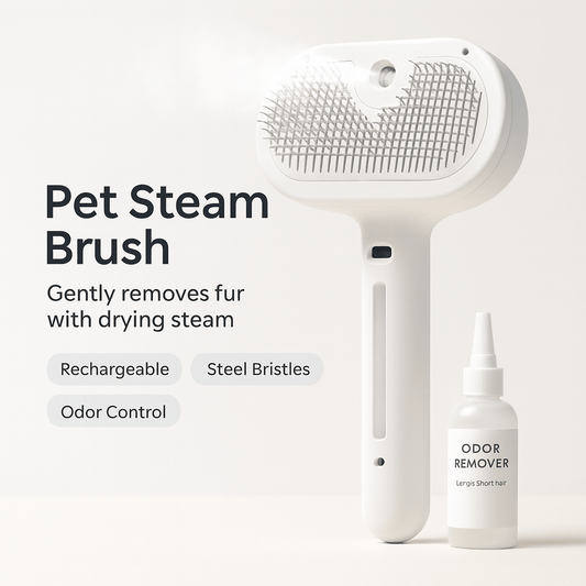 Pet Steam Brush For Shedding With One Bottle Odor Eliminator Set, Short & Long Hair - PAWSTHENTICS