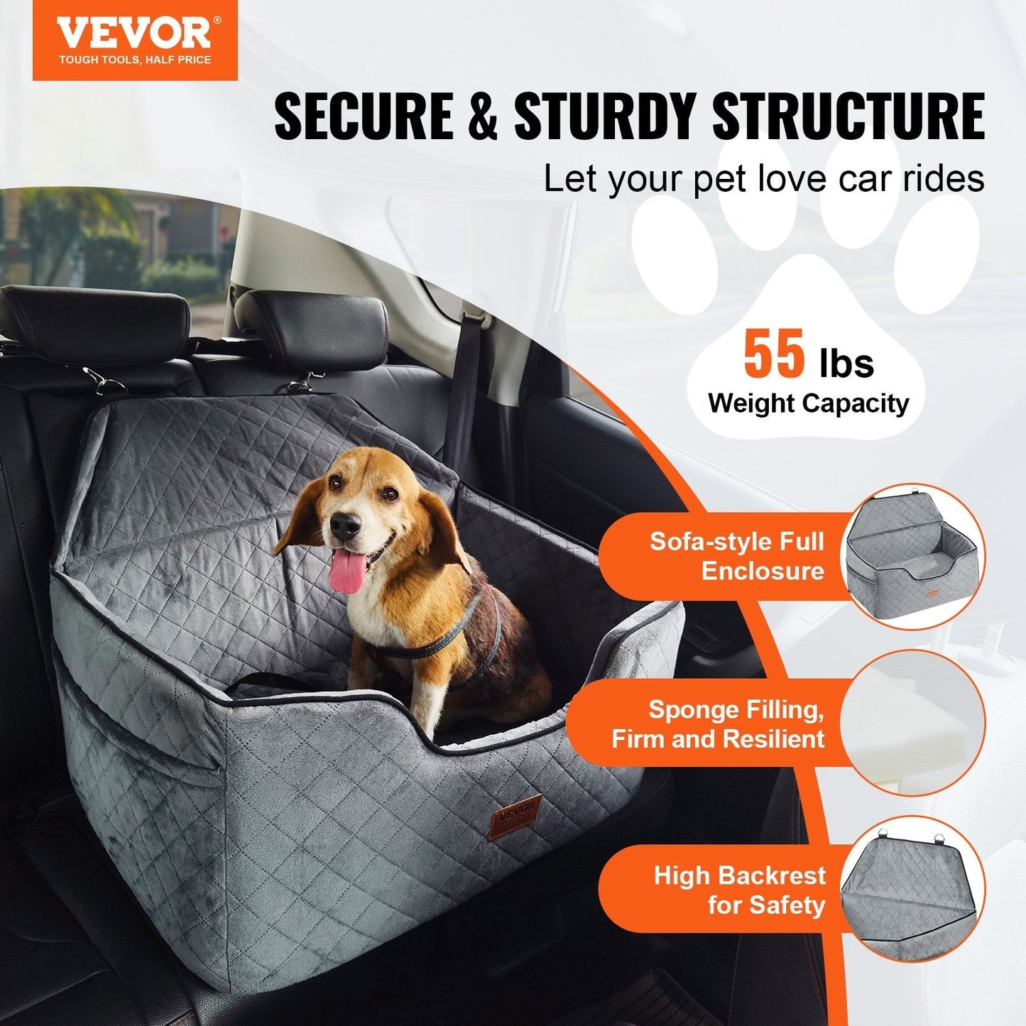 VEVOR Dog Booster Car Seat Pet Car Seat for Medium Large Dog up to 55 Lbs Gray - PAWSTHENTICS