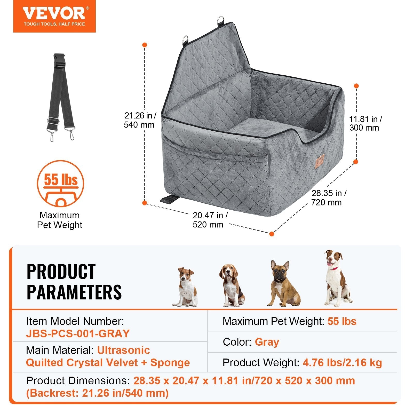 VEVOR Dog Booster Car Seat Pet Car Seat for Medium Large Dog up to 55 Lbs Gray - PAWSTHENTICS